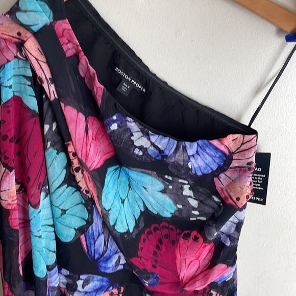 Boston Proper One Shoulder Butterfly Print Dress Black Multi - Picture 9 of 15